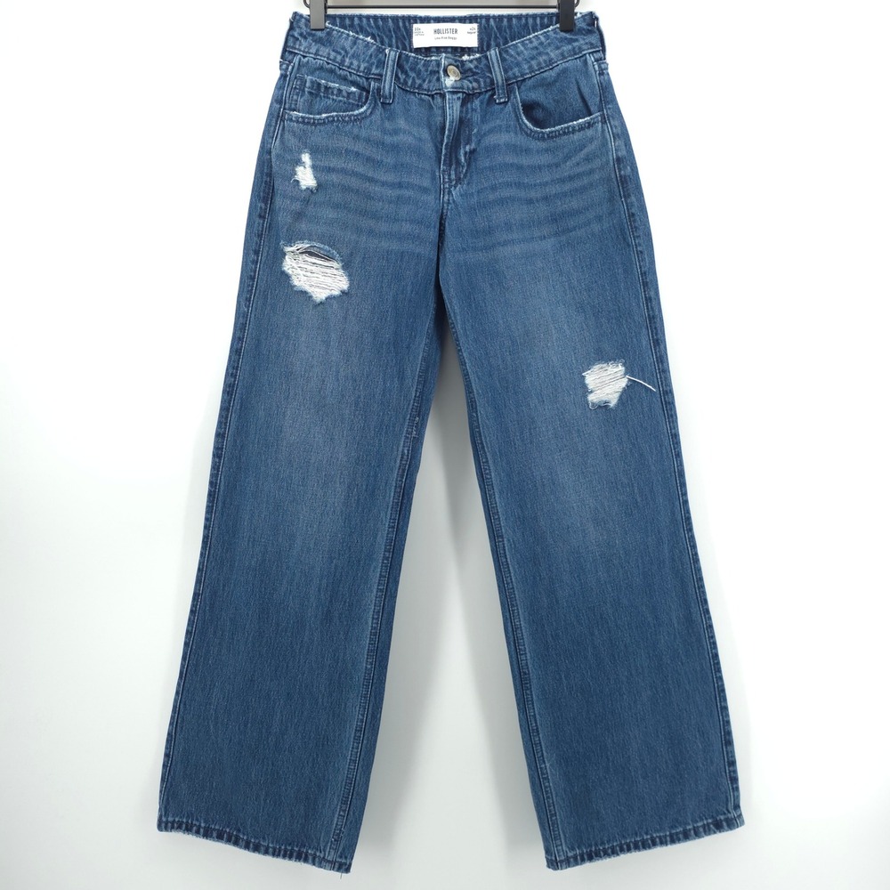 Hollister Womens Jeans Low-Rise Baggy 00R‎ W24 Blue Distressed Wide Leg Y2K